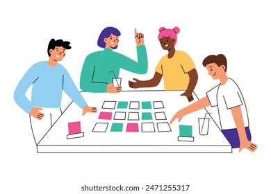 Friends playing board game with cards. Teams guess code words, competition word game at table. Composition with cartoon people at table. Vector illustration of family leisure activity at home