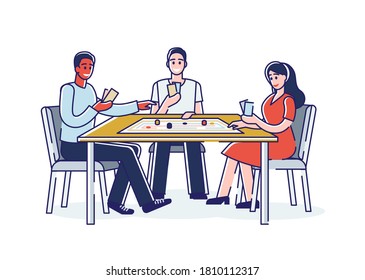 Friends playing board game. Group of young adults spend time together playing games. Mix race team of people sitting at table at popular board game. Linear vector illustration
