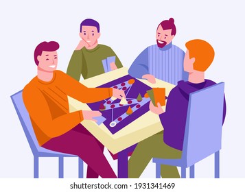 Friends are playing a board game. The guys are sitting at the table. Vector illustration in flat cartoon style.