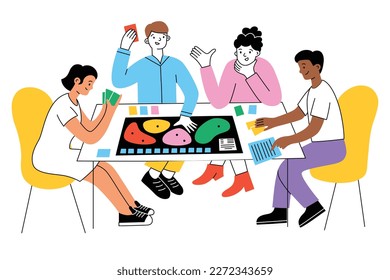 Friends playing board game. Hand drawn colored composition of tabletop game. Vector illustrations of male and female characters having fun. Leisure activity for family. Cooperative eurogame, strategy