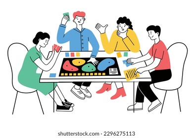 Friends playing board game. Hand drawn colored composition of tabletop game. Cooperative eurogame, strategy. Vector illustrations of male and female characters having fun. Leisure activity for family