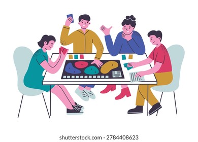 Friends playing board game together, flat cartoon characters sitting around table with colorful game board and cards. Family fun and group leisure activity, social game night vector illustration