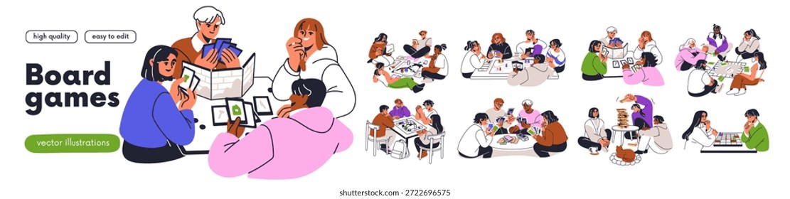 Friends playing board games at table, leisure activities with cards, dices, map. People groups at tables during fun indoor gathering, party. Flat vector illustration isolated on white background