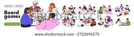 Friends playing board games at table, leisure activities with cards, dices, map. People groups at tables during fun indoor gathering, party. Flat vector illustration isolated on white background