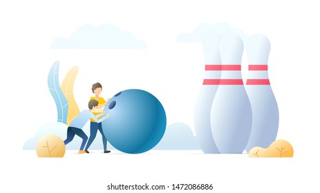 Friends playing bowling flat vector illustration. Cartoon players pushing huge ball to pins. Indoor game, club entertainment, relax concept. Teamwork in overcoming difficulties metaphor.