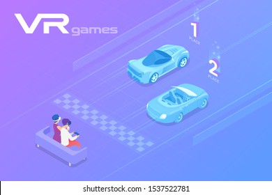 Friends Playing Car Racing In Virtual Reality VR Isometric Flat Vector Illustration.