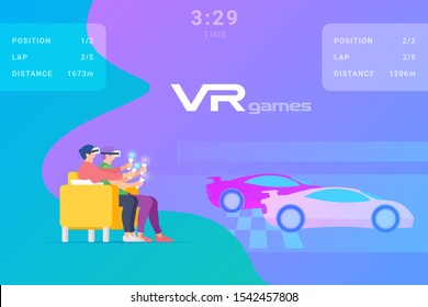 Friends Playing Car Racing in Virtual Reality VR Flat vector illustration.