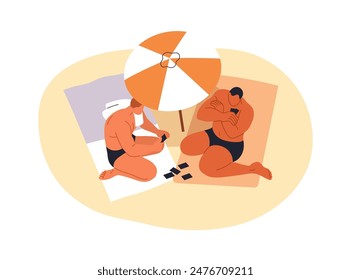 Friends playing card game on sand beach, relaxing under umbrella. Summer vacation, happy men resting, sunbathing at sea resort. Holiday leisure. Flat vector illustration isolated on white background