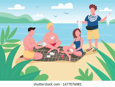Friends playing cards on beach flat color vector illustration. People buying seashell souvenirs. Local merchant selling accessories. Summer fun. 2D cartoon characters with seascape on background