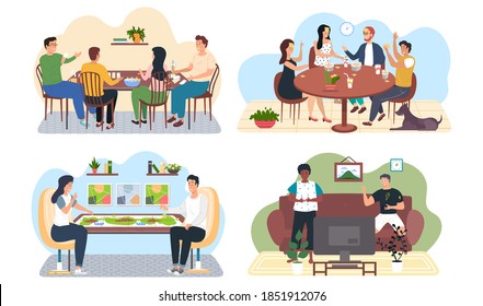 Friends playing cards and other board games sitting at the table, people having good time together scenes set. Happy people are resting, drinking drinks and playing a table game. Friendly family