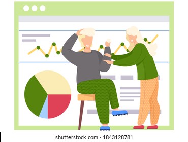 Friends playing cards sitting near the poster with diagram, people having good time together vector Illustration. Smiling man and woman resting and playing a board game. Logic game for thought