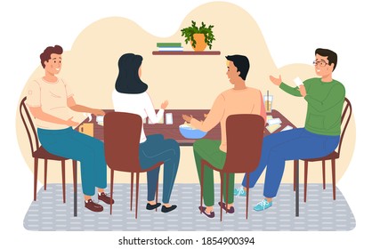 Friends playing cards sitting at a table, young people having good time together at home or cafe. Happy people are resting, drinking drinks with sweets and playing a board game. Friendly family games