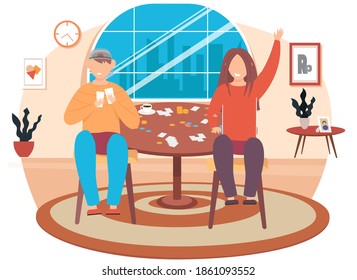 Friends playing cards sitting at the table, children having good time together vector Illustration. Happy kids are resting, drinking drinks with sweets and playing a board game. Friendly family games