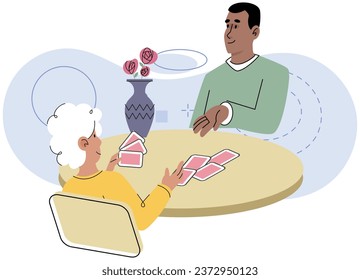 Friends playing cards sitting at table, young man and elderly woman having good time together at home or cafe at weekend. Happy people resting with gambling. Friendly family games. Entertainment