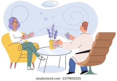 Friends playing cards sitting at table, happy family man and woman having good time together at home or cafe at weekend. Smiling people resting with gambling. Friendly family games. Entertainment