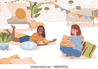 Friends playing cards vector flat illustration. Happy smiling girls sitting on the floor in living room and playing board game together. Home leisure activity, friends entertainment.