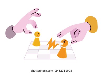 Friends playing chess with figures that have their own emotions. Orange chess pawn is acting angry and the yellow one is feeling surprised. A metaphor for conflict resolution between two people