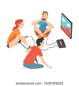 Friends Playing Computer Games, Girl with Leg Prosthesis Spending Good Time with Her Male Friends, Friendship and Support, Person Enjoying Full Life Vector Illustration