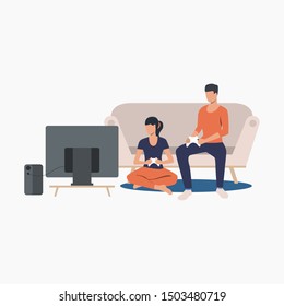 Friends playing game console. Home, game, TV, console. Happy friends concept. Vector illustration for website, landing page, online store