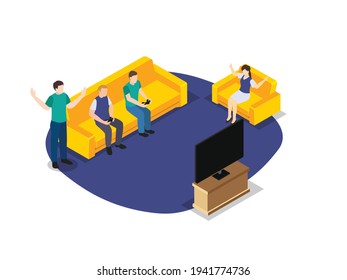 Friends playing game together isometric 3d vector concept for banner, website, illustration, landing page, flyer, etc.