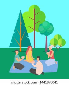 Friends playing game vector, spending time together in park with green trees, young people on summer outdoor recreation, adults with cards on picnic