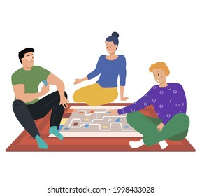 Friends playing games, map with cards, home party challenge and strategy concept. Cartoon characters have great time together. People roll dices and go to finish along way. Map with path to finish