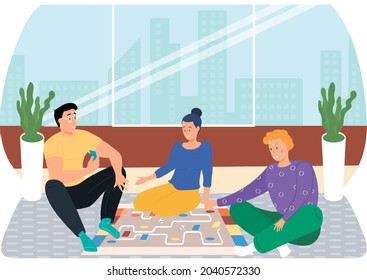 Friends playing games, map with cards, home party challenge and strategy concept. Cartoon characters have great time together. People have fun on weekend, roll dices and go to finish along way