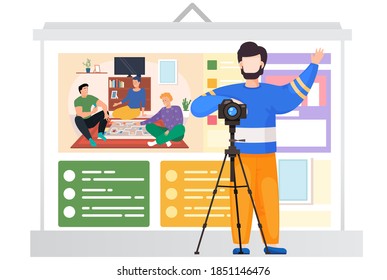 Friends playing logic game sitting on the floor. Photographer takes photos for site of young people having good time together at home or club. Happy people are resting and playing a board game