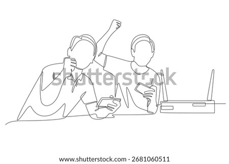 Friends playing mobile games are connected on the same network. Friends’ lan concept one-line drawing