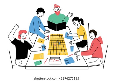 Friends playing roleplay board game. Hand drawn composition of tabletop game. Vector illustrations of cartoon male and femalу characters around table. Hobby, leisure activity for home and parties