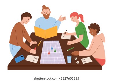 Friends playing roleplay board game. Hand drawn composition cartoon people spending leisure time together. Dungeons and dragons on table. Vector illustrations of fun activity for home and parties