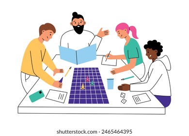 Friends playing roleplay board game. Boardgame composition. Cartoon people spending leisure time together, having fun. Dungeons and dragons on table. Vector illustrations of hobby, group activity