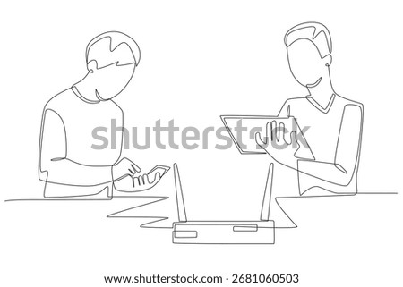 Friends playing smartphone connected on the same network. Friends’ lan concept one-line drawing