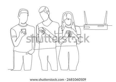 Friends playing smartphone connected on the same network. Friends’ lan concept one-line drawing