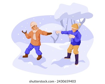 Amigos jugando bola de nieve en la temporada de invierno. Divertida infancia feliz, tiempo helado nevado, niño tirar bola de nieve, lucha al aire libre, felicidad de Navidad, recreación de vacaciones de invierno. Ilustración de vector