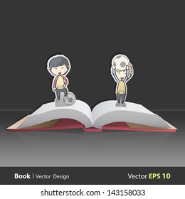 Friends playing with a soccer ball on pop-up book. Vector illustration.