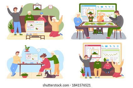 Friends playing video and board games sitting at the table, people having good time together scenes set. Happy people are resting, drinking drinks and playing a table game. Friendly family activities