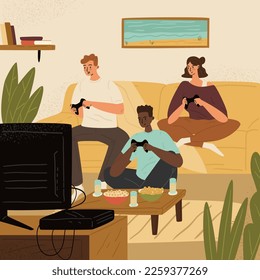 Friends playing video game at home vector