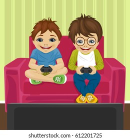 friends playing video game at home sitting on sofa