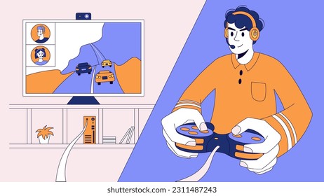 Friends playing video game online together. Teenager in headphones, with headset and microphone, stream. Relaxing with consoles on tv in web during virtual conference. Horizontal vector illustration