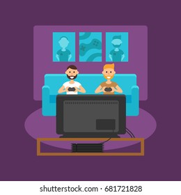 Friends Playing Video Games On A Game Console. Vector Illustration Of A Modern Flat Design