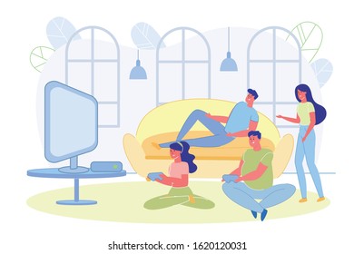 Friends Playing Video Games Together in Living Room at Home Flat Cartoon Vector Illustration. Girls and boys Sitting on Floor and Sofa in Front Big TV Screen with Joysticks and Having Fun.