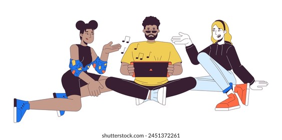 Friends playing videogame together 2D linear cartoon characters. Multicultural young adults isolated line vector people white background. Black guy with game console color flat spot illustration