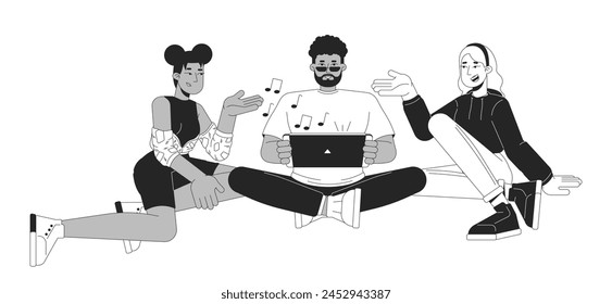 Friends playing videogame together black and white 2D line cartoon characters. Multicultural young adults isolated vector outline people. Black guy with console monochromatic flat spot illustration