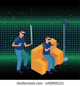Friends playing videogames with virtual reality glasses and weapons seated in sofa on three dimensional background vector illustration