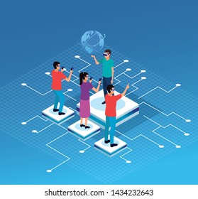 Friends playing with virtual reality glasses and world hologram on blue technology background vector illustration graphic design