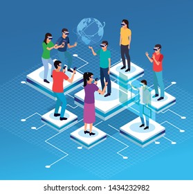 Friends playing with virtual reality glasses and world hologram on blue technology background vector illustration graphic design