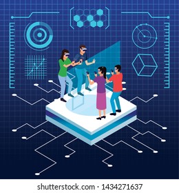 Friends playing with virtual reality glasses and gameapads with screen hologram on blue background with game graphs vector illustration graphic design