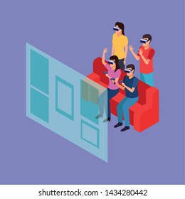 Friends playing with virtual reality glasses and gameapads on screen hologram seated in coach on purple background vector illustration graphic design