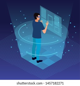 Friends playing with virtual reality glasses on blue background with game graphs vector illustration graphic design